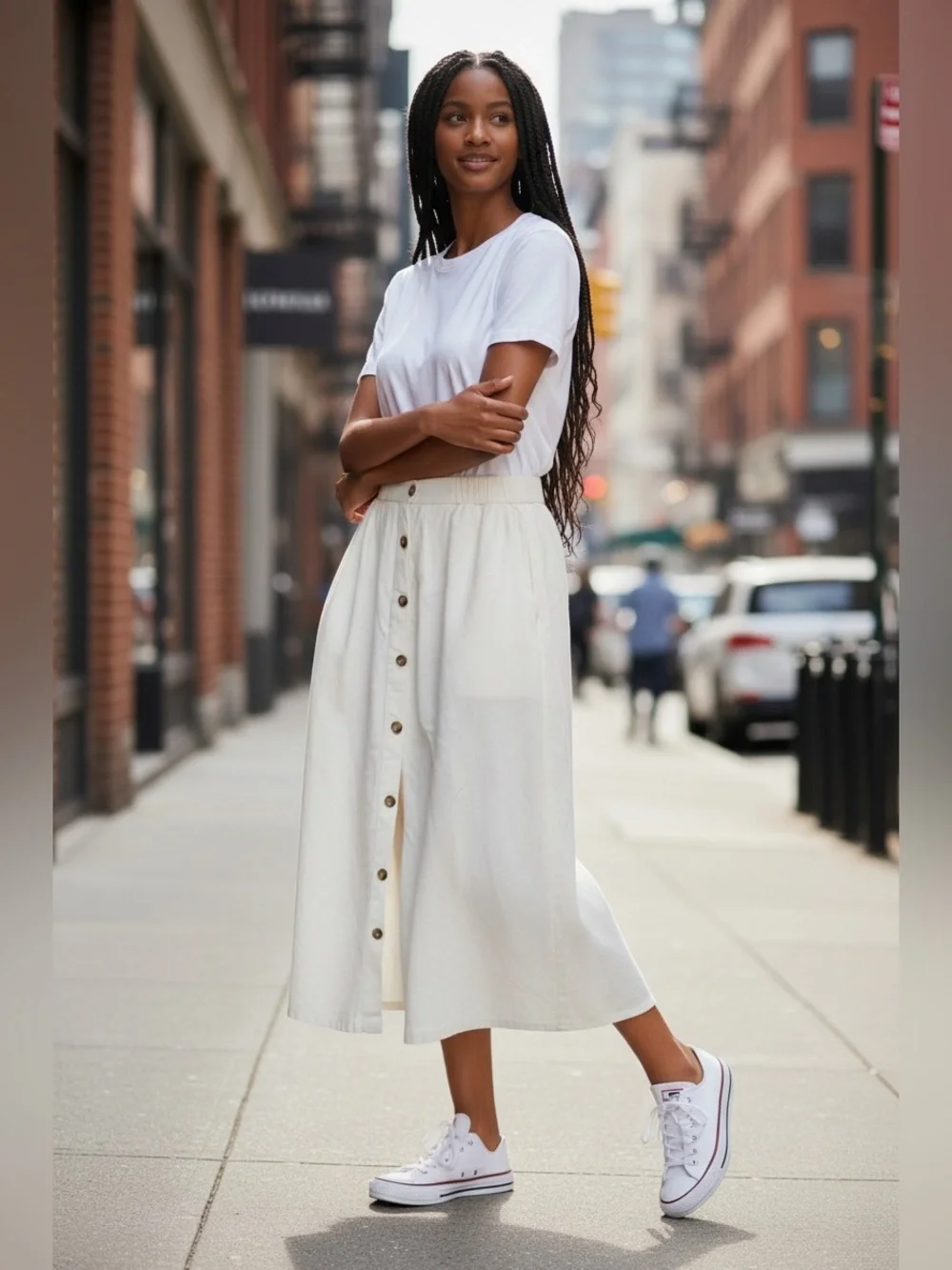 Emily Daniels Button Up Midi Skirt Womens XL White Pockets Linen Blend Lagenlook
